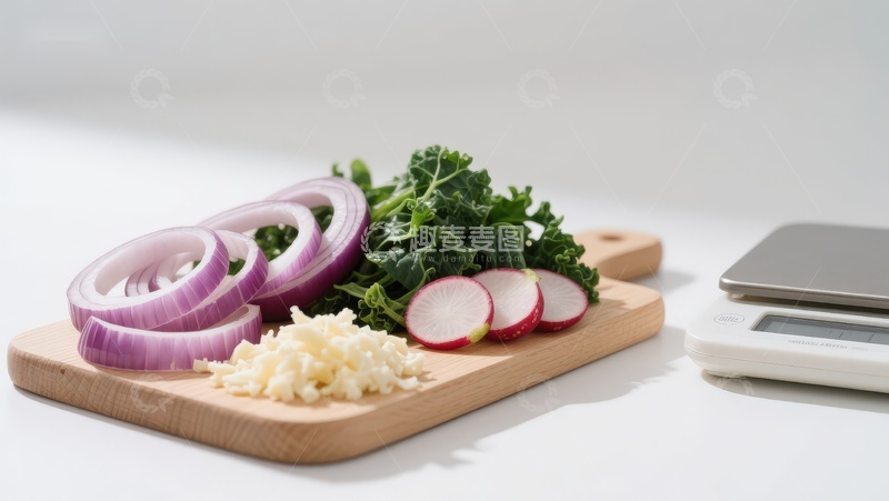 高清大图下载【趣麦麦图】切好的蔬菜与蒜末置于砧板