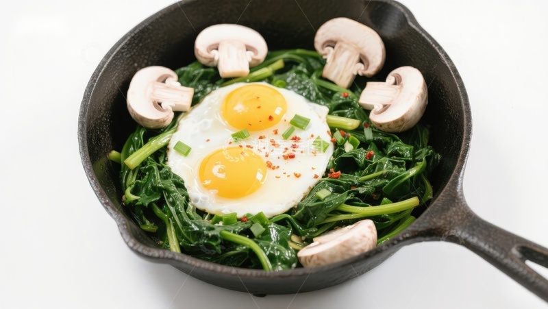 高清大图下载【趣麦麦图】煎蛋配菠菜和蘑菇