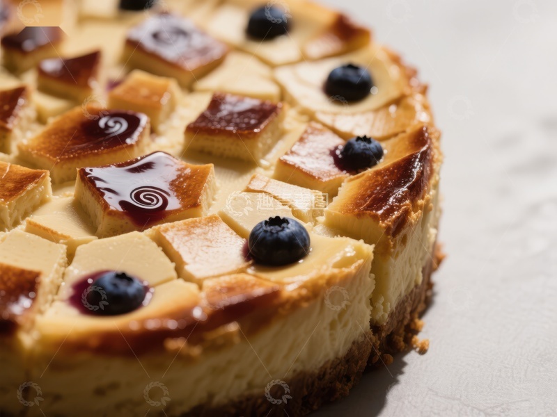 高清大图下载【趣麦麦图】蓝莓方块装饰的芝士蛋糕