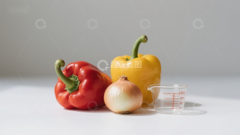 高清大图下载【趣麦麦图】红黄彩椒洋葱与量杯静物