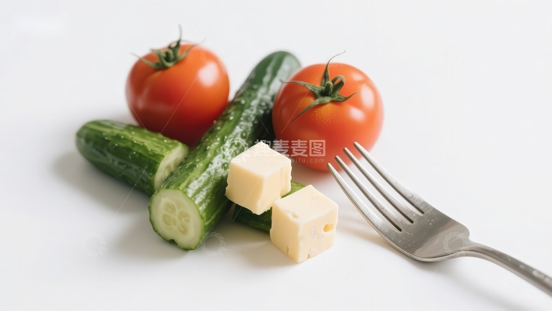 高清大图下载【趣麦麦图】蔬菜奶酪与叉子静物