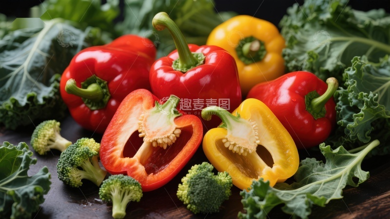 高清大图下载【趣麦麦图】新鲜彩椒与绿叶蔬菜特写