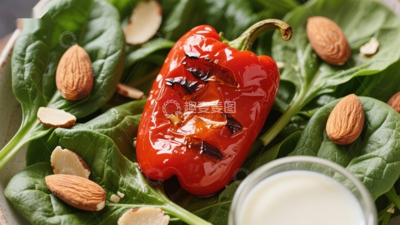 高清大图下载【趣麦麦图】烤红椒沙拉配杏仁