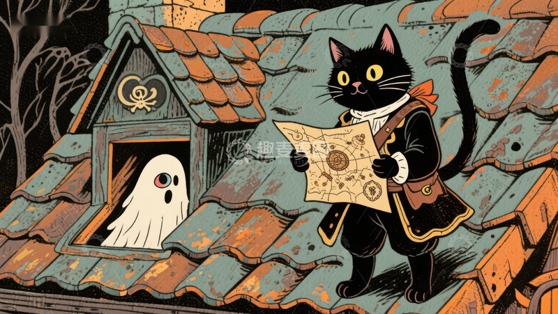 高清大图下载【趣麦麦图】黑猫探险屋顶，幽灵窥视屋内