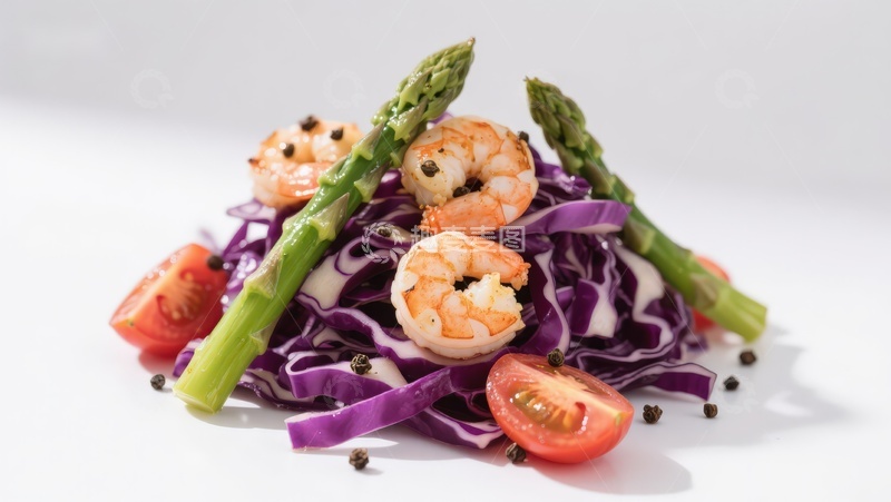 高清大图下载【趣麦麦图】虾仁紫甘蓝沙拉配芦笋