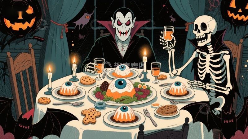 高清大图下载【趣麦麦图】万圣节晚餐：吸血鬼与骷髅共进诡异盛宴