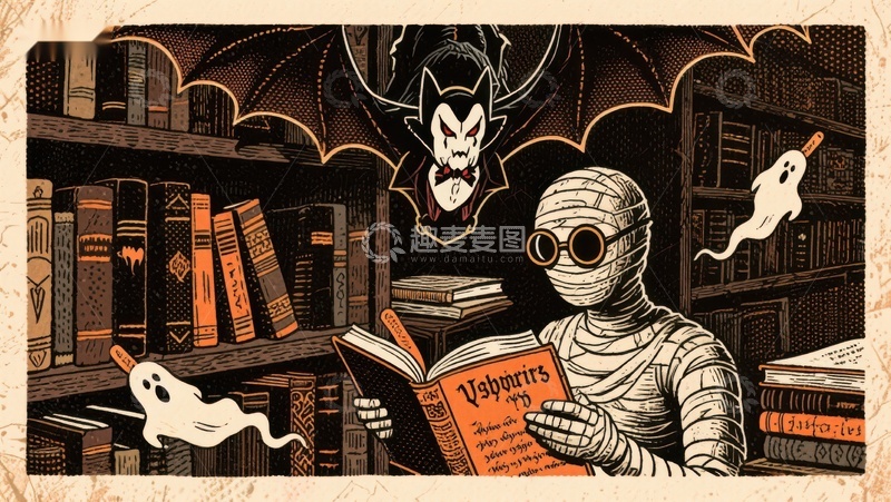 高清大图下载【趣麦麦图】图书馆中的木乃伊阅读神秘书籍