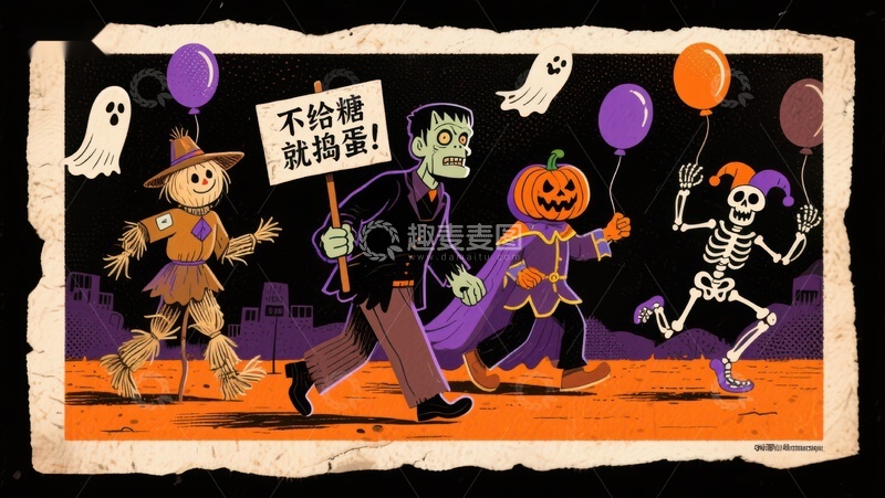 高清大图下载【趣麦麦图】万圣节游行，不给糖就捣蛋