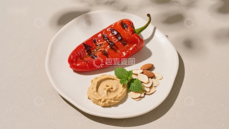 高清大图下载【趣麦麦图】烤红椒配鹰嘴豆泥与坚果