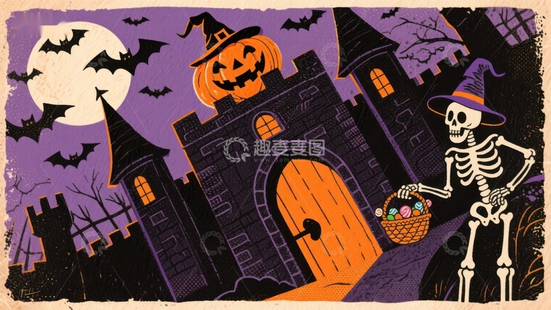 高清大图下载【趣麦麦图】万圣节城堡与骷髅南瓜灯