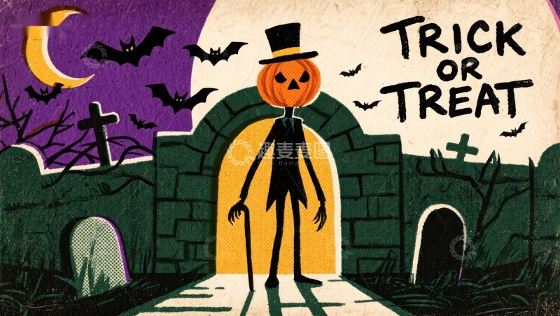 高清大图下载【趣麦麦图】万圣节南瓜人站在墓地门口