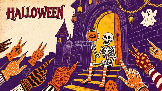 万圣节骷髅与南瓜灯的欢乐场景