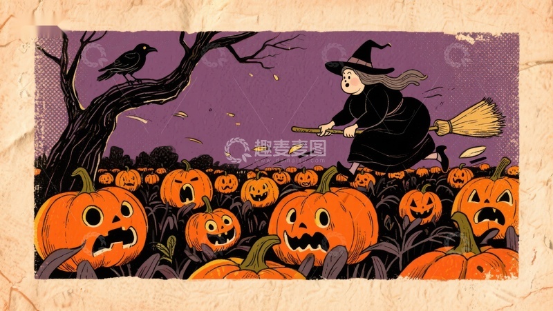 高清大图下载【趣麦麦图】巫师骑帚飞过南瓜灯田