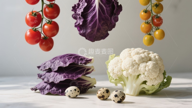 高清大图下载【趣麦麦图】悬浮蔬菜与鹌鹑蛋静物