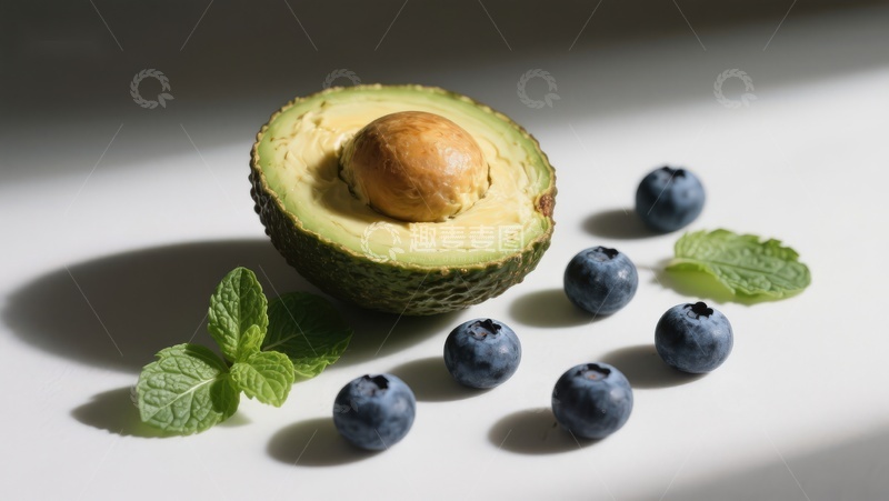 高清大图下载【趣麦麦图】牛油果蓝莓与薄荷的静物组合