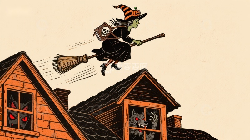 高清大图下载【趣麦麦图】巫婆骑扫帚飞过屋顶
