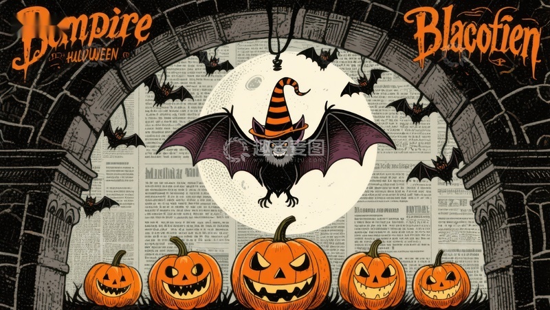 高清大图下载【趣麦麦图】万圣节主题插画：蝙蝠与南瓜灯