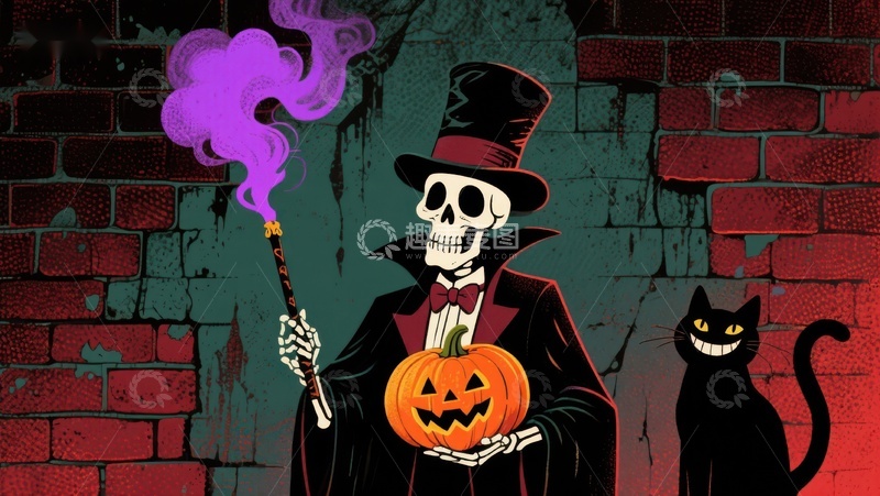 高清大图下载【趣麦麦图】骷髅绅士手持南瓜灯与黑猫相伴