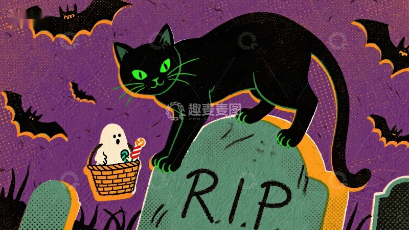 高清大图下载【趣麦麦图】万圣节黑猫与墓碑的奇幻场景