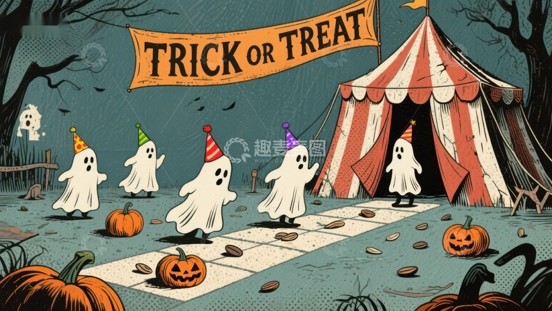 高清大图下载【趣麦麦图】万圣节幽灵排队讨糖