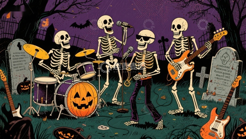 高清大图下载【趣麦麦图】骷髅乐队万圣节演奏