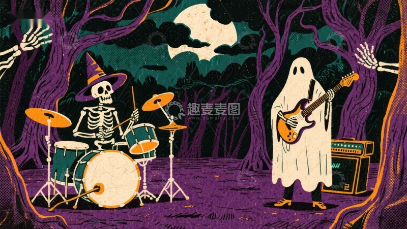 高清大图下载【趣麦麦图】万圣夜森林中的骷髅鼓手与幽灵吉他手