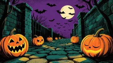 万圣节南瓜灯照亮的石板小径