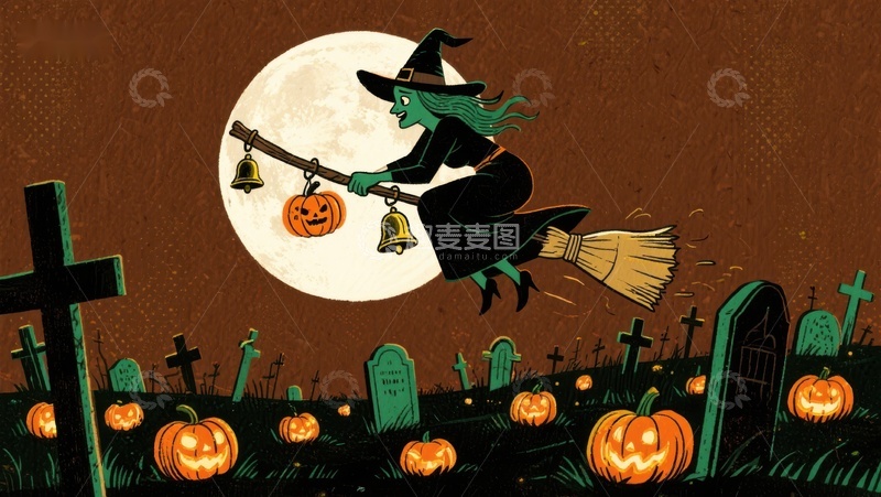 高清大图下载【趣麦麦图】万圣夜巫女飞越墓地