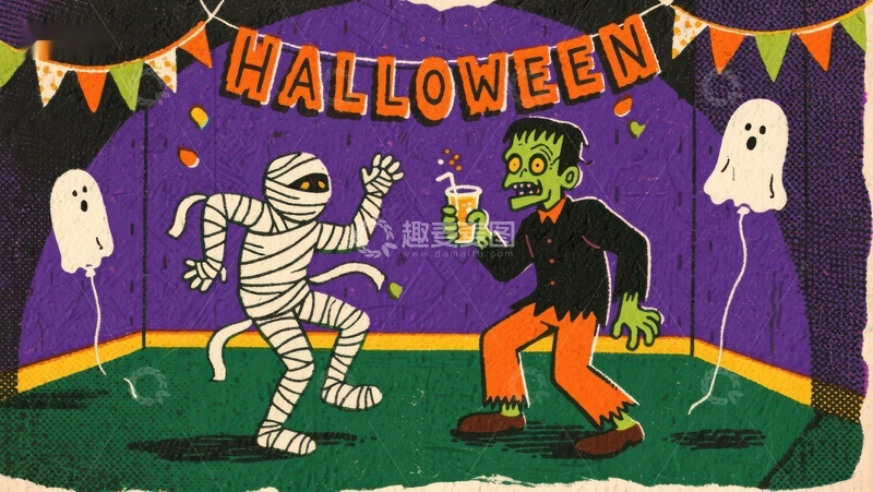 高清大图下载【趣麦麦图】万圣节派对：木乃伊与僵尸共舞