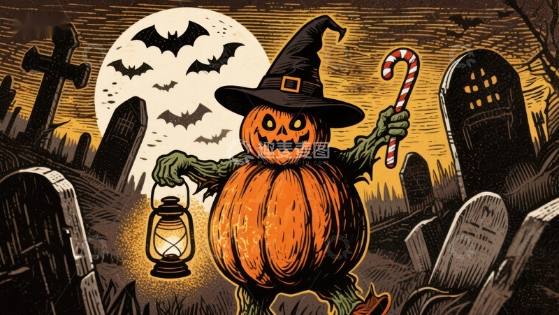 高清大图下载【趣麦麦图】万圣节南瓜巫师夜游墓地