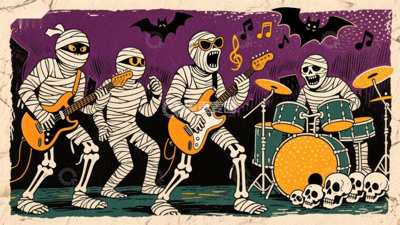 高清大图下载【趣麦麦图】木乃伊乐队演奏万圣节音乐