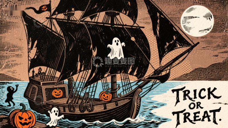高清大图下载【趣麦麦图】万圣节海盗船夜航图