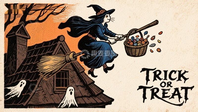 高清大图下载【趣麦麦图】万圣节女巫骑扫帚分发糖果