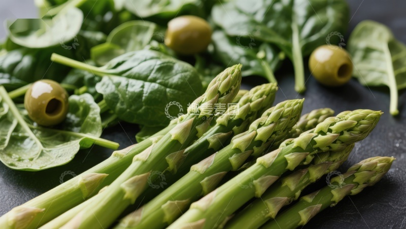 高清大图下载【趣麦麦图】新鲜芦笋与绿叶蔬菜特写