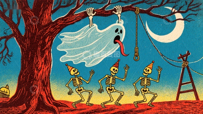 骷髅庆祝，幽灵悬挂树梢