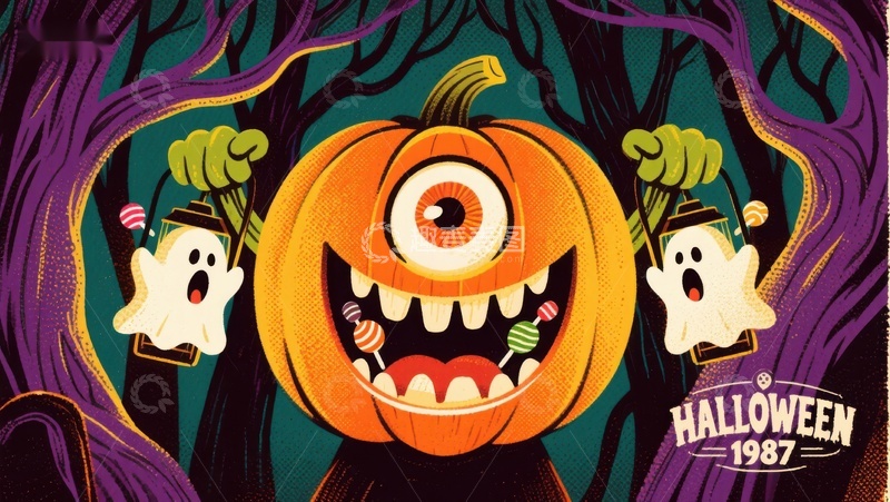 高清大图下载【趣麦麦图】万圣节南瓜与幽灵的欢乐场景