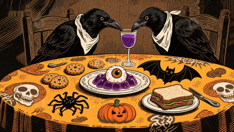 高清大图下载【趣麦麦图】乌鸦共饮，万圣节餐桌奇景
