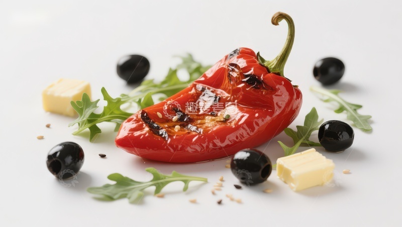 高清大图下载【趣麦麦图】烤红椒配橄榄与奶酪