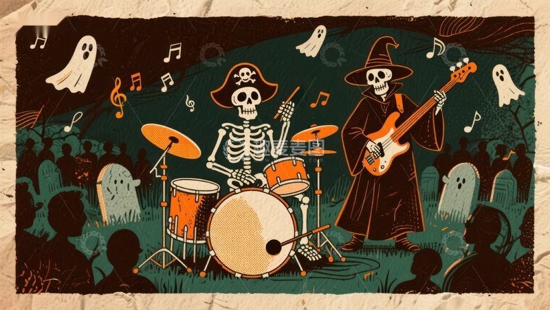高清大图下载【趣麦麦图】骷髅乐队万圣夜演奏