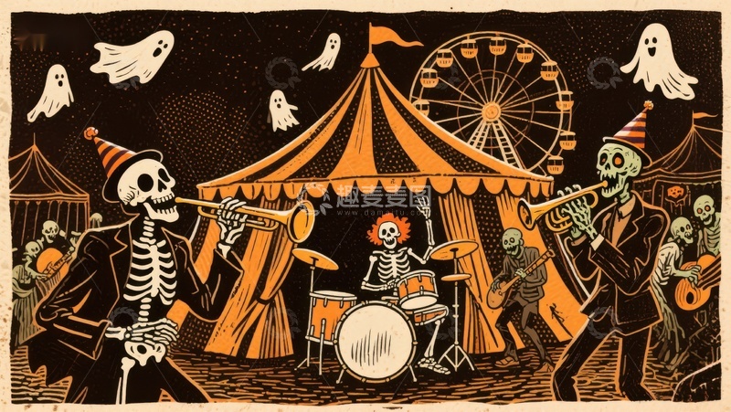 高清大图下载【趣麦麦图】骷髅乐队在万圣节游乐园表演