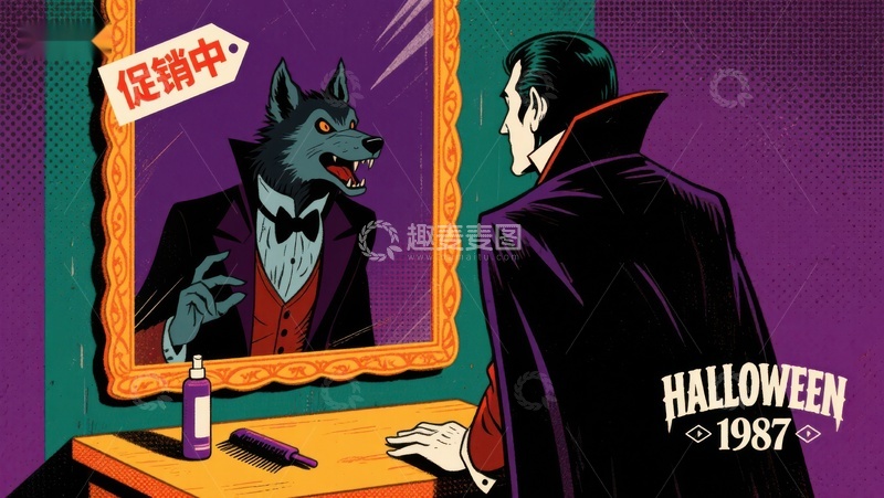 高清大图下载【趣麦麦图】吸血鬼与狼人镜中对视