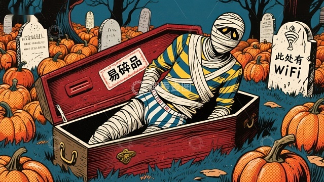 木乃伊躺在棺材中，背景是万圣节南瓜地