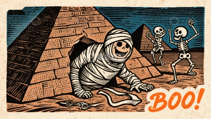 木乃伊与骷髅在金字塔旁嬉戏