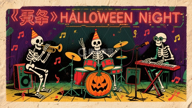 高清大图下载【趣麦麦图】骷髅乐队演奏万圣夜