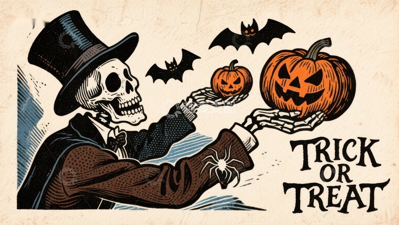 高清大图下载【趣麦麦图】骷髅绅士手持南瓜灯，蝙蝠环绕