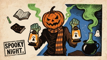 南瓜头人物手持鬼魂灯的万圣夜场景