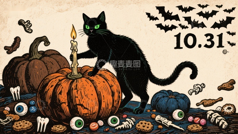高清大图下载【趣麦麦图】万圣节黑猫与南瓜灯