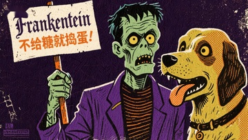 弗兰肯斯坦与狗手持标语