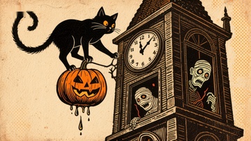 黑猫与南瓜灯的钟楼夜景