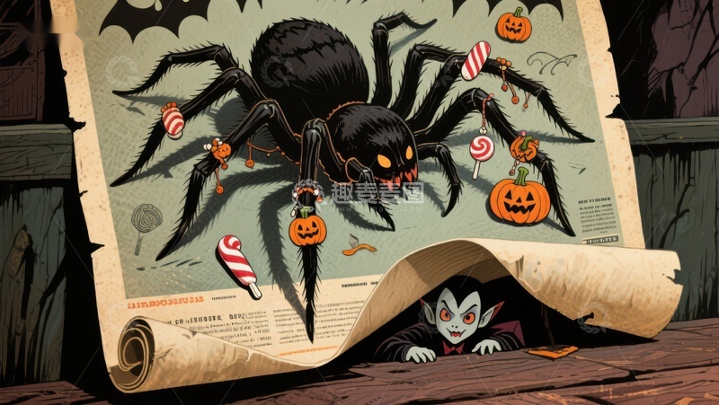 高清大图下载【趣麦麦图】报纸上的万圣节蜘蛛与小鬼